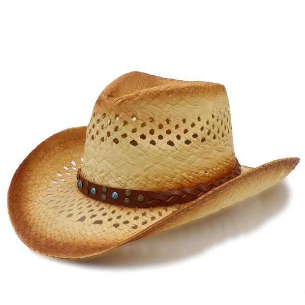 

cloches women men straw western cowboy hat with punk leather band handemade weave sombrero cowgirl jazz size 58cm, Blue;gray