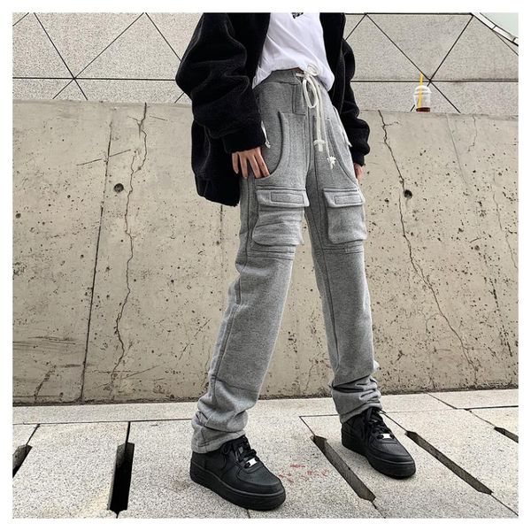 

men's pants original high street three-dimensional pocket sweatpants men women harajuku pure color drawstring loose casual cargo pant m, Black