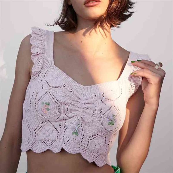 

women summer sweet knitting tank camis za sleeveless floral female fashion short clothing 210513, White