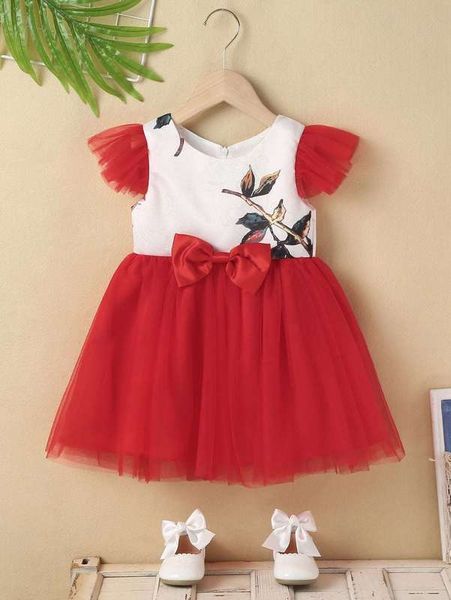 

toddler girls plant print contrast mesh bow front dress she, Red;yellow