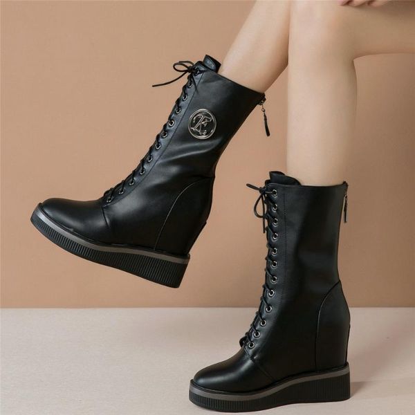 

fashion sneakers women lace up cow leather high heel platform pumps shoes female round toe wedges motorcycle boots casual dress, Black