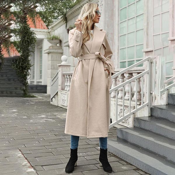 

lady elegant wool coat with belt women's long outwear 2021 office autumn winter loose female chic lapel overcoat woolen coats y & blend, Black