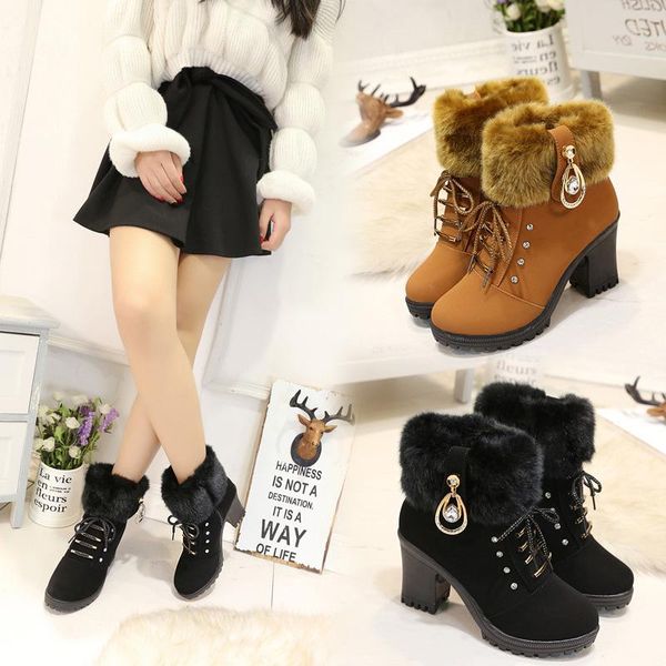 

boots thick heel waterproof platform metal decorative short winter warm women's, Black