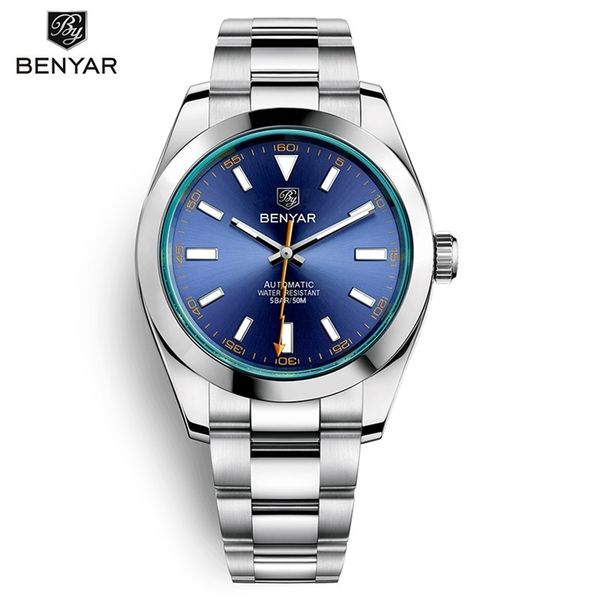 

benyar brand men automatic watches stainless steel waterproof 50m mechanical wristwatches luxury 210728, Slivery;brown