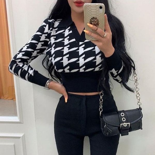 

women's sweaters women sweater 2021 autumn and winter lapel v-neck long-sleeved plaid short crop black white knitting shirt femme, White;black