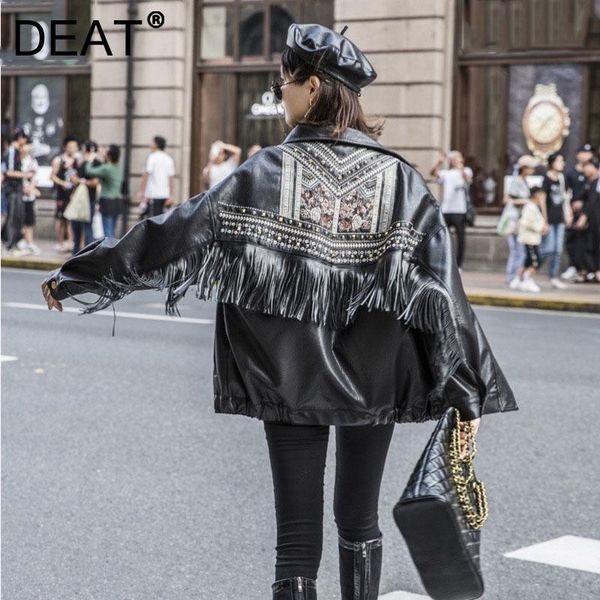 

women's leather & faux deat woman pu jacket tassel back rivet embroidery lapel collar long sleeve loose street style 2021 autumn 15xm08, Black