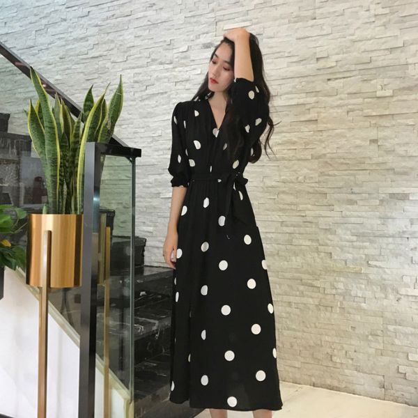 

dress casual polka dot robe maxi es for women black long vestidos largos verano longo elegante midi longue femme aztb, Black;gray