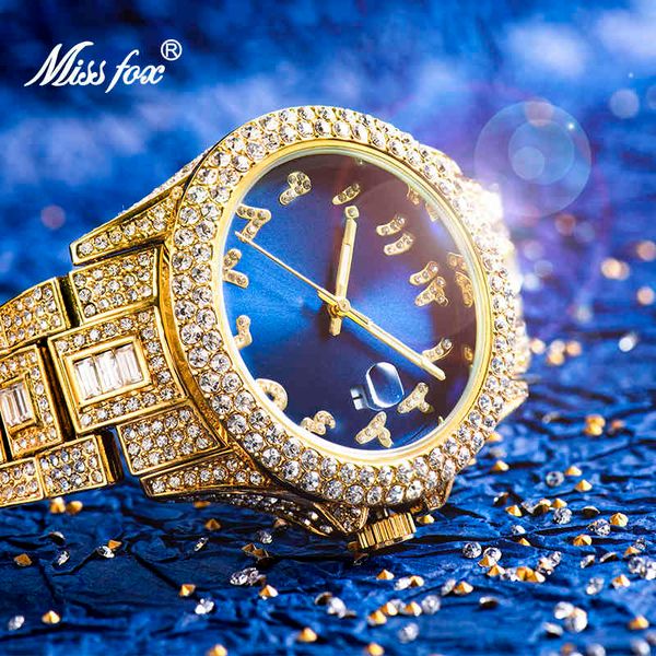 

missfox men's wrist watch diamond selling blue men waterproof brand luxury 18k gold calendar steel relogio masculino, Silver