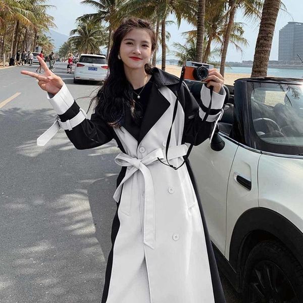 

women's trench coats spliced color matching coat women 2021 double breasted lace up waist long sleeve windbreaker female tide, Tan;black
