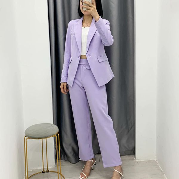 

women's two piece pants spring autumn women vintage purple set ol office lady blazer jacket coat+high waist suits female trou, White