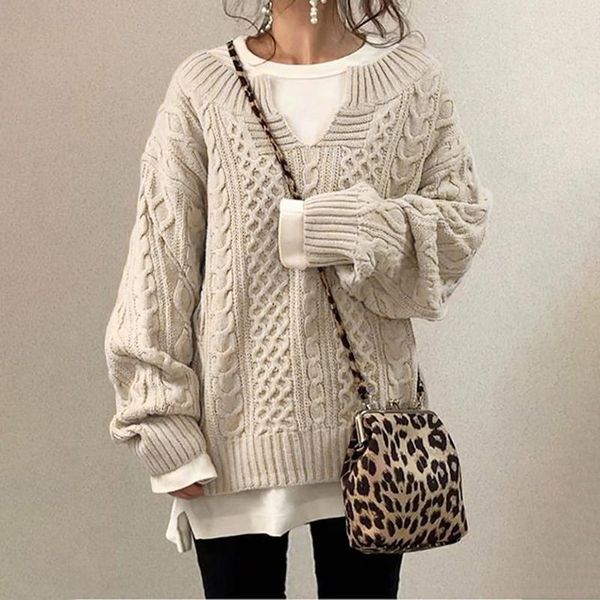 

women's sweaters women knitted sweater autumn winter v-neck oversized pullovers preppy style loose jumper female casual, White;black
