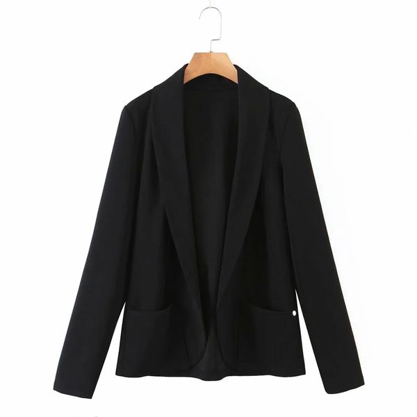 Schwarz ohne Knopf Langarm Blazer Jacke Mantel Elegante Casual Mäntel Büro Dame Streetwear Chic Tops 210521