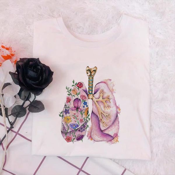 

heart lung apparatus art womens t shirt flower print pink sweet girls loose fun summer harajuku tumblr casual vintage women, White