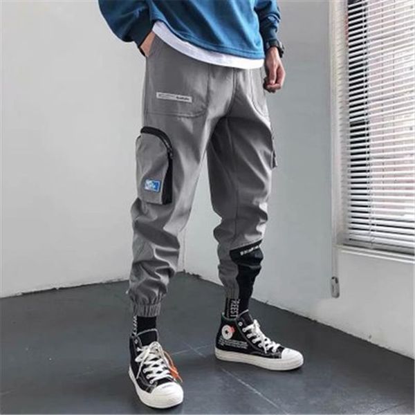 

patchwork pockets cargo harajuku women pant hip hop sweatpant male joggers track trousers streetwear techwear, Black