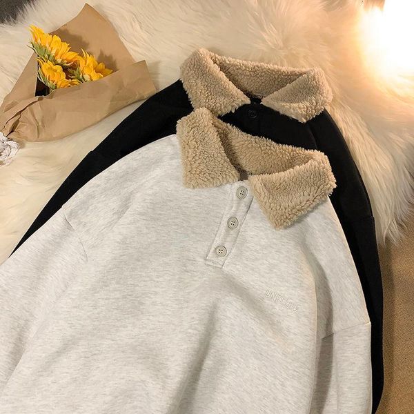 

men's hoodies & sweatshirts hybskr fleece lapel loose warm korean style preppy male pullovers casual winter fashion outerwear, Black