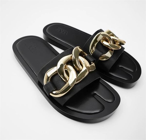 

80% off shoes women's slippers new fashion chain decoration black flat sandals
