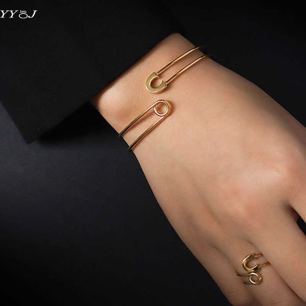 

paperclip safety pin open cuff bangle for women stainless steel gold adjustable unique cool bangle unusual fashion punk q0717, Black