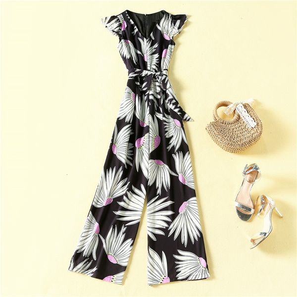 

jumpsuits autumn fashion designer jumpsuits & rompers women v-neck vintage suower print belted casual long jumpsuits, Black;white