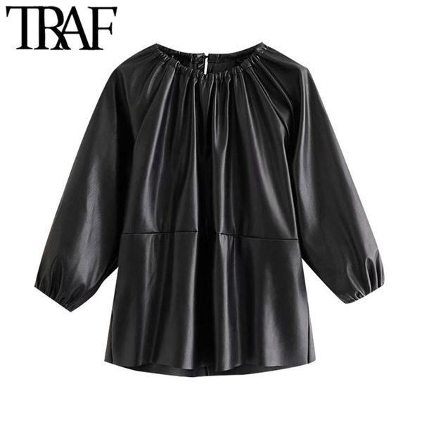 

women fashion faux leather patchwork loose blouses vintage o neck three quarter sleeve female shirts chic 210507, White
