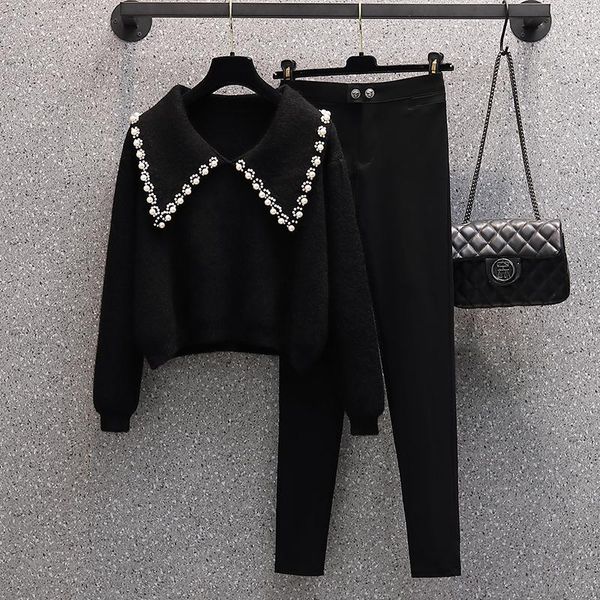 

women's two piece pants black set women beaded sweater long sleeve and pencil sets fashion casual korean ladies suits 2021, White
