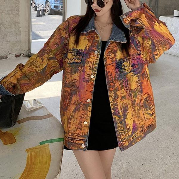 

women's jackets spring and autumn tie-dye hand-painted graffiti denim loose korean version of the single breasted turn-down collar jack, Black;brown