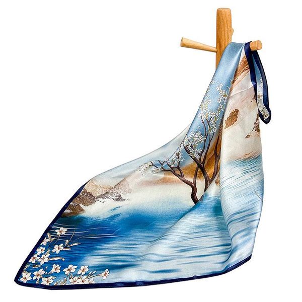 

scarves high-quality pure silk scarf women bandana female hair women's natural square headband neck flowering tree, Blue;gray