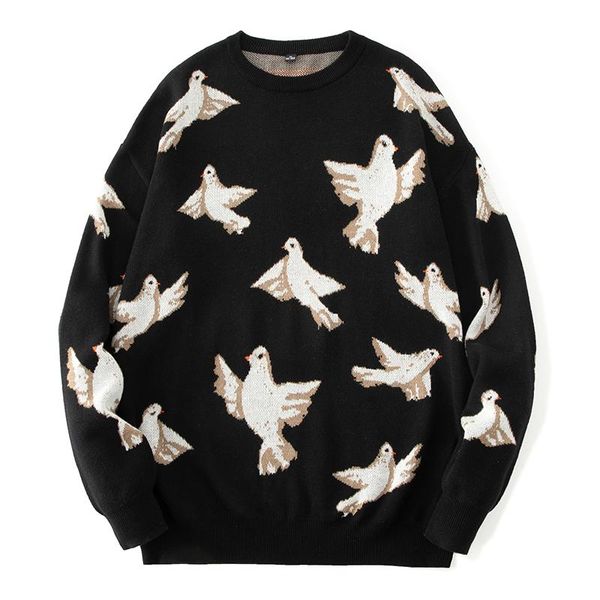 

men's sweaters knitted pullovers sweater clothing winter o neck loose longsleeve male oversized printed bird pull homme, White;black