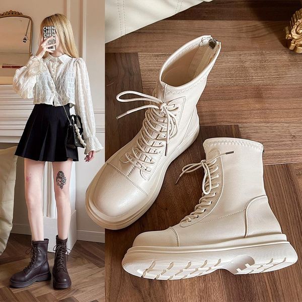 

boots white ankle shoes boots-women lace up round toe low rock rubber autumn 2021 ladies summer rome lace-up pu fabric basic hoo, Black