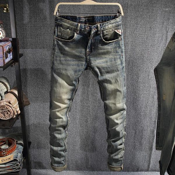 

men's jeans ly vintage fashion men elastic slim fit ripped retro distressed wash designer casual denim pants, Blue