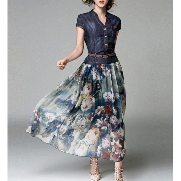 

elegant womens dress vintage patchwork summer short sleeve v neck jeans shirt good quality woman clothes, Black;gray