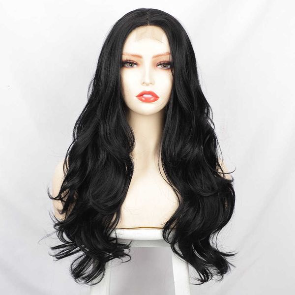 

wig women's front chemical fiber big wave long curly small lace wig headgear, Black