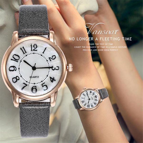 

wristwatches vansvar women casual quartz leather band v strap analog watch ladies clock 2021 woman watches, Slivery;brown