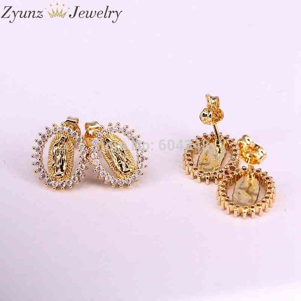 

10 pairs jesus vintage earrings for women hip hop jewelry studs men wholesale gift mini gold jesus cz crystal 210324, Golden;silver