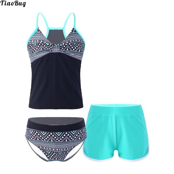 

one-pieces tiaobug summer 3pcs kids girls print swimwear v neck straps with briefs and shorts set for beach pool swimming bathing, Black