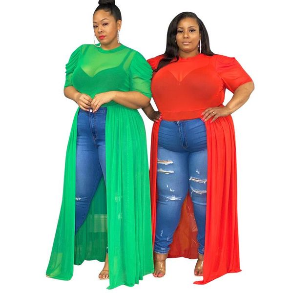 

women's t-shirt 2021 summer women see-through charming o-neck short sleeve high waist floor-length clubwear mesh plus size, White