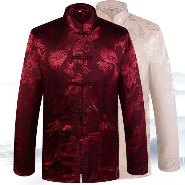 Outono New Mans Dragon Kung Fu Jaqueta Casaco Tradicional Chinês Gola Mandarim Tang Terno Roupas Masculinas Camisa Masculina X0621