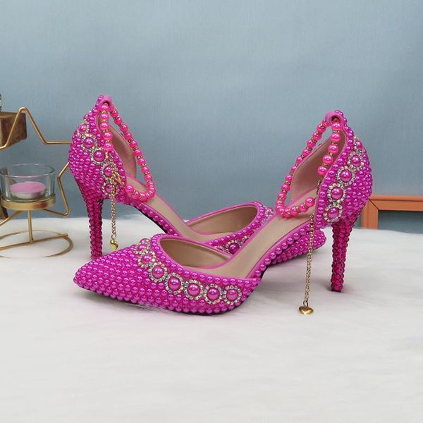 

dress shoes baoyafang fucshia pink women wedding bride high heels ankle strap pointed toe women's party beading pumps, Black