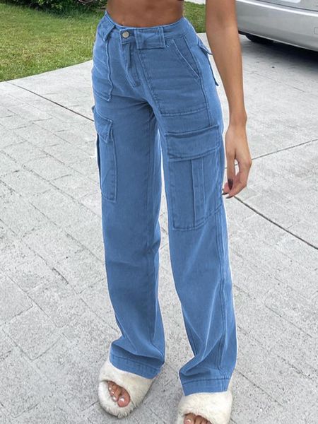 

women's jeans weekeep vintage multiple large pockets overalls women high waist baggy blue denim pants fashion ladies trousers y2k autum