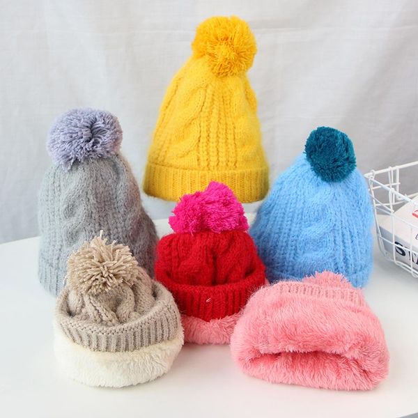 

caps & hats cute pompom baby hat winter autumn knitted kids bonnet for girl boy cap outdoor thick warm plush toddler beanie, Yellow