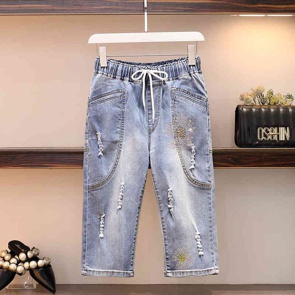 

jean elastic belt brem big sizes for the women casual summer ladies calf-high fashion beading denim harem pants p1c3, Blue