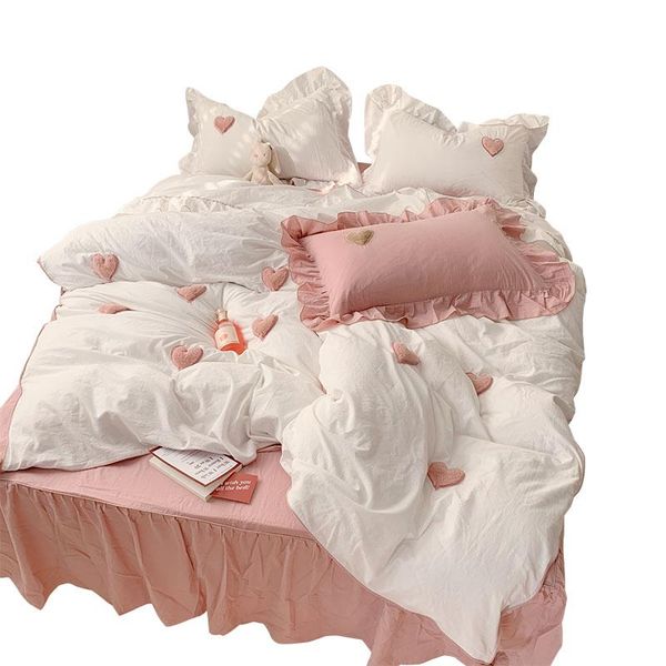 

bedding sets all cotton washed four-piece three-dimensional love embroidered quilt princess style bare sleeping pure