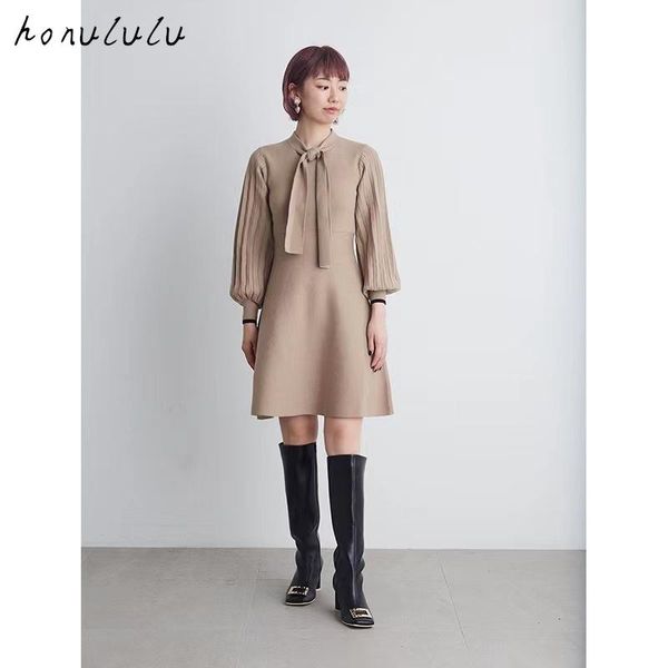 

casual dresses 2021 autumn and winter products fashion sweet pure color puff sleeve bow tie knitted dress women, Black;gray