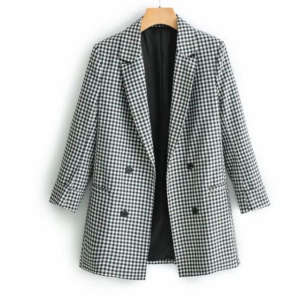

women's suits & blazers plaid women 2021 autumn double breasted turn-down neck female coat chaqueta mujer jaqueta casual woman coats an, White;black
