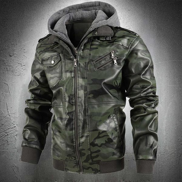 Giacca da uomo con cappuccio Giacca in pelle Pu Camouflage Streetwear Giacca da motociclista Moto Uomo Abbigliamento moda Cappotto casual da uomo con cappuccio 211018