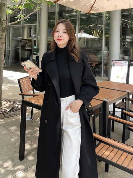 

women's wool & blends double sided cashmere coat medium length autumn and winter 2021 high-end loose thin, Black