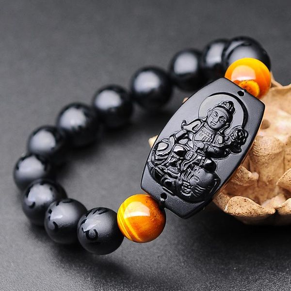 

beautiful chinese natural obsidian agateszodiac life buddha twelve zodiac six-character truth eight guardian gods couplebracelet bangle, Black
