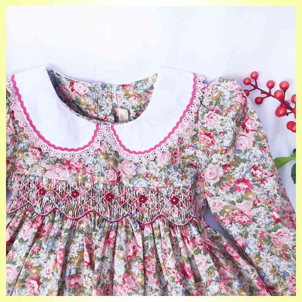 

girl's kids smocking long sleeve princess girls baptism floral print clothes party dresses for girl c0228, Red;yellow