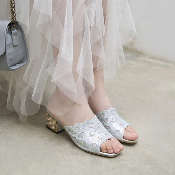 

slippers pxelena bling women wedding slides gold silver open toe chunky block high heels party date summer 2021 trendy large sz, Black
