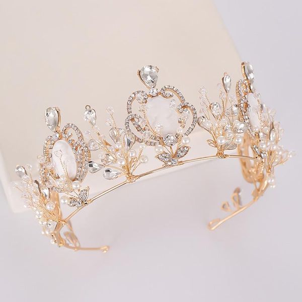 

hair clips & barrettes bride wedding dress accessories luxury drop shape crystal large crown women princess imitation pearl jewelry headwear, Golden;silver