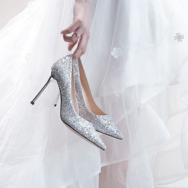 

sandals 2021 spring bride bridesmaid crystal wedding sequined pointed stiletto banquet shallow mouth work shoes women, Black